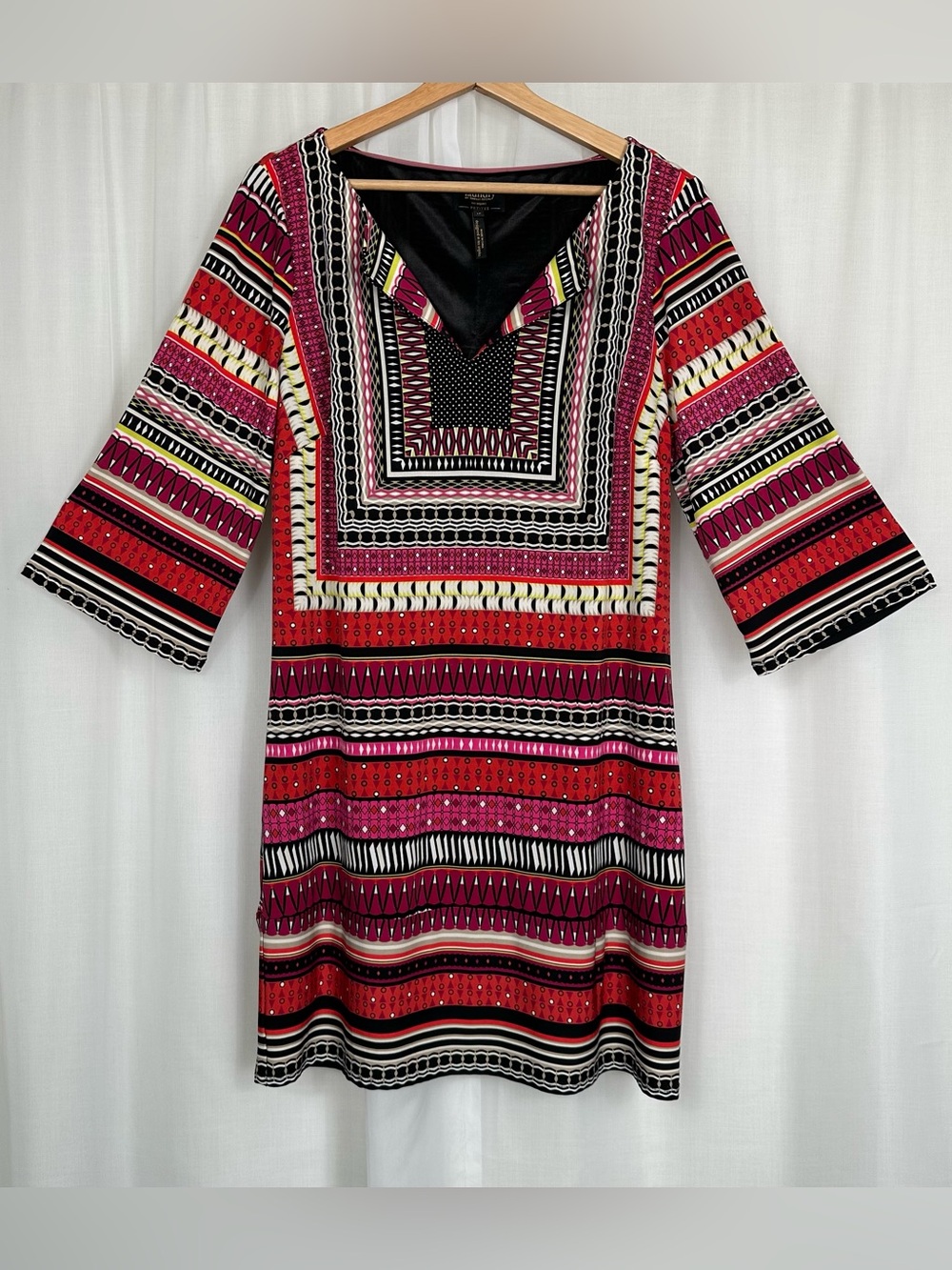 Laundry Shelli Segal Shift Dress LP Petite Geometric Print Mod Pink Black Red
